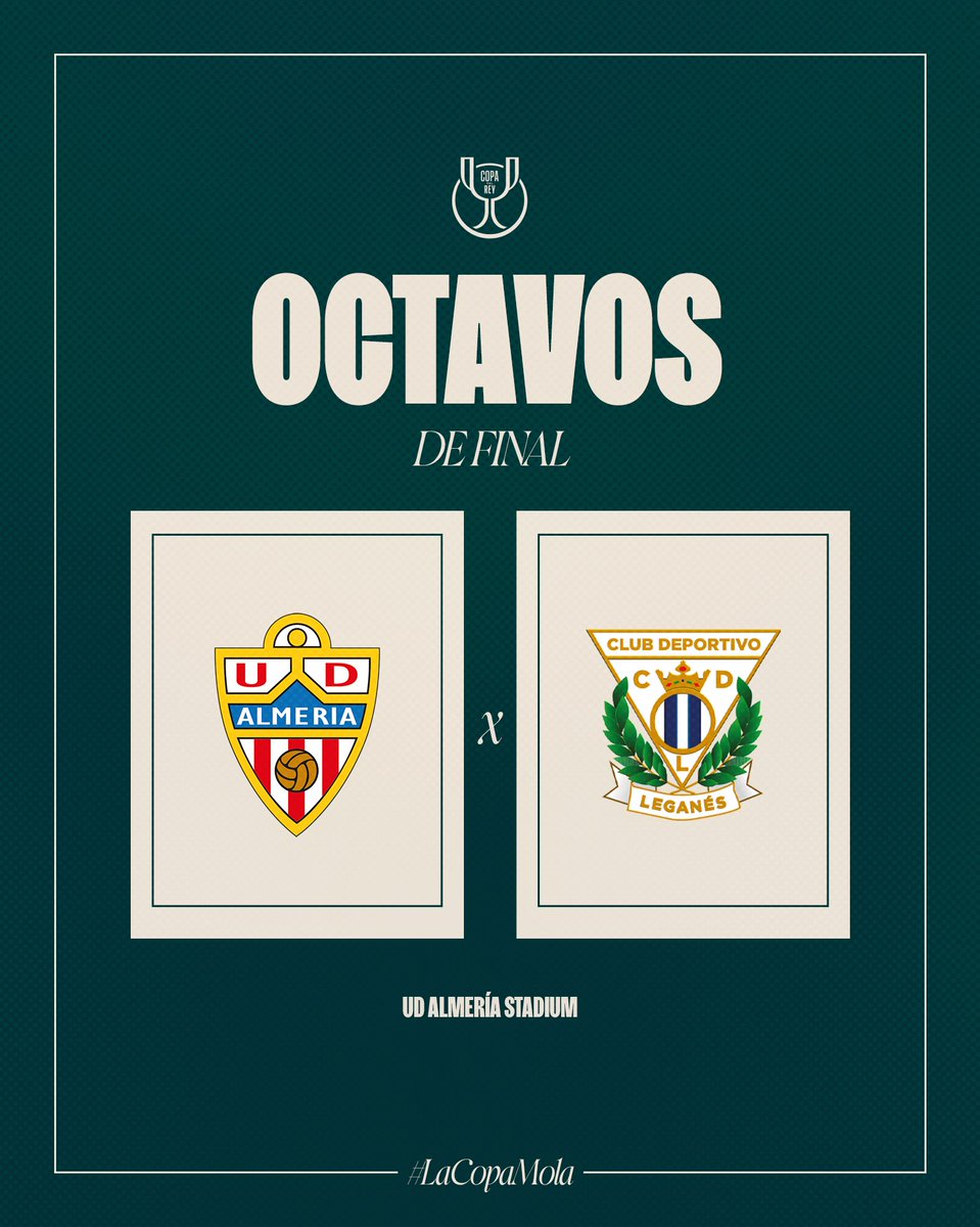 UD Almería (@u_d_almeria) on Twitter photo 🏆 ¡Nuestro rival en los octavos de final de la #CopaDelReyMAPFRE será el <a href="/CDLeganes/">C.D. Leganés</a>!
🏟 La eliminatoria se disputará en el UD Almería Stadium el 14, 15 o 16 de enero.
¡VAMOS ALMERÍA! ❤️🤍
#LaCopaMola 🏆 ¡Nuestro rival en los octavos de final de la #CopaDelReyMAPFRE será el <a href="/CDLeganes/">C.D. Leganés</a>!
🏟 La eliminatoria se disputará en el UD Almería Stadium el 14, 15 o 16 de enero.
¡VAMOS ALMERÍA! ❤️🤍
#LaCopaMola
