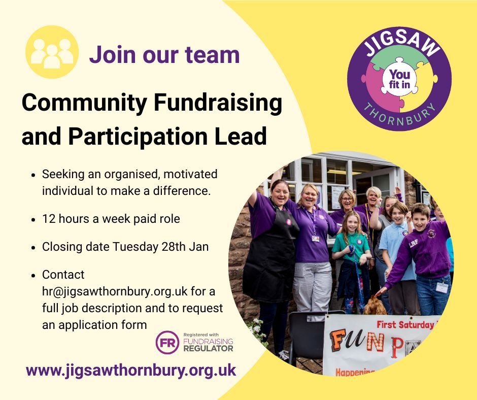 📣 We’re excited to announce a new part-time opportunity to join our team as Community Fundraising and Participation Lead  
🔗 summary job description: buff.ly/4j3rrpn 
Contact hr@jigsawthornbury.org.uk for an application form or apply via Indeed  buff.ly/4fMzuEf