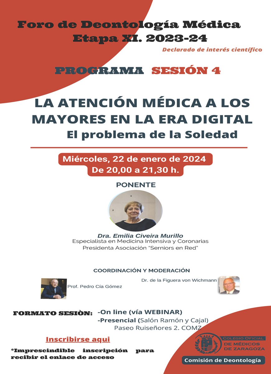 med_unizar (@medunizar) on Twitter photo 📢📢La Comisión de Deontología de <a href="/medicoszaragoza/">Colegio de Médicos de Zaragoza</a> ha organizado una nueva sesión del curso 2024-25👏👏
Título "La atención médica a los mayores en la Era Digital. El problema de la Soledad"
Ponente: Dra. Emilia Civeira Murillo
Día 22/01/2025
Insc: comz.org/formacion/198-… 📢📢La Comisión de Deontología de <a href="/medicoszaragoza/">Colegio de Médicos de Zaragoza</a> ha organizado una nueva sesión del curso 2024-25👏👏
Título "La atención médica a los mayores en la Era Digital. El problema de la Soledad"
Ponente: Dra. Emilia Civeira Murillo
Día 22/01/2025
Insc: comz.org/formacion/198-…