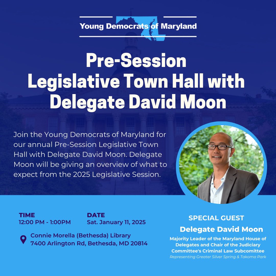 MoCo Young Democrats (@mocoyoungdems) on Twitter photo We are excited for an amazing event happening this Saturday with Delegate <a href="/DavidMoon2014/">David Moon</a> at Bethesda Library! With the General Assembly session beginning today, it's the perfect time to learn more about the issues the General Assembly is working on. #MDGA25 #MDpolitics We are excited for an amazing event happening this Saturday with Delegate <a href="/DavidMoon2014/">David Moon</a> at Bethesda Library! With the General Assembly session beginning today, it's the perfect time to learn more about the issues the General Assembly is working on. #MDGA25 #MDpolitics