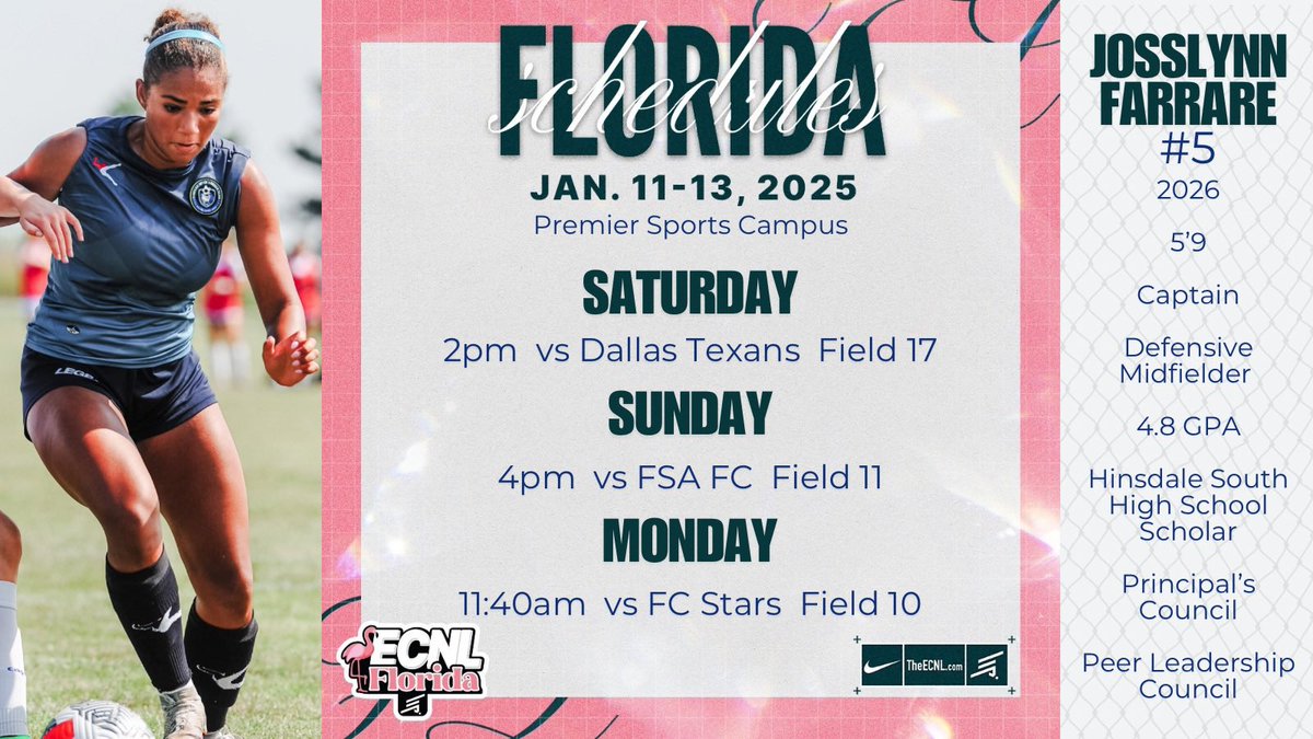 Josslynn Farrare (@jfarrare5) on Twitter photo Excited for the <a href="/ECNLgirls/">ECNL Girls</a> FL Showcase this weekend! Here is our schedule.
<a href="/chiINTER/">Chicago Inter SC</a> <a href="/ChicagoInter08G/">Chicago Inter 08 ECNL Girls</a> <a href="/AlenSmjecanin/">Alen Smjecanin</a> <a href="/TheSoccerWire/">SoccerWire</a> <a href="/PrepSoccer/">Prep Soccer ⚽️</a> Excited for the <a href="/ECNLgirls/">ECNL Girls</a> FL Showcase this weekend! Here is our schedule.
<a href="/chiINTER/">Chicago Inter SC</a> <a href="/ChicagoInter08G/">Chicago Inter 08 ECNL Girls</a> <a href="/AlenSmjecanin/">Alen Smjecanin</a> <a href="/TheSoccerWire/">SoccerWire</a> <a href="/PrepSoccer/">Prep Soccer ⚽️</a>