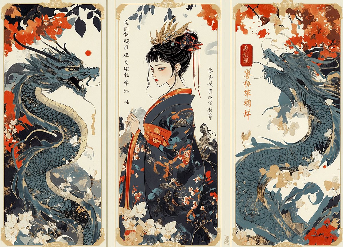 Wednesday #PromptShare:

Combining today's "hanafuda" daily theme with #Happy_Dragon_Day :)

"Three individual Hanafuda cards, [YOUR SUBJECT], vertical calligraphy, negative space"

–&gt; a female Magus wearing a blue dragon cheongsam

#midjourney