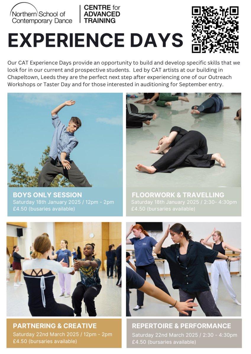 Northern School of Contemporary Dance’s Experience Days.

Another amazing opportunity from <a href="/NSCDLearning/">NSCD L&P</a> <a href="/NorthernSchool/">NSCD | Northern School</a> 

Scan the QR code if you want to get involved dancers! 👯 💜