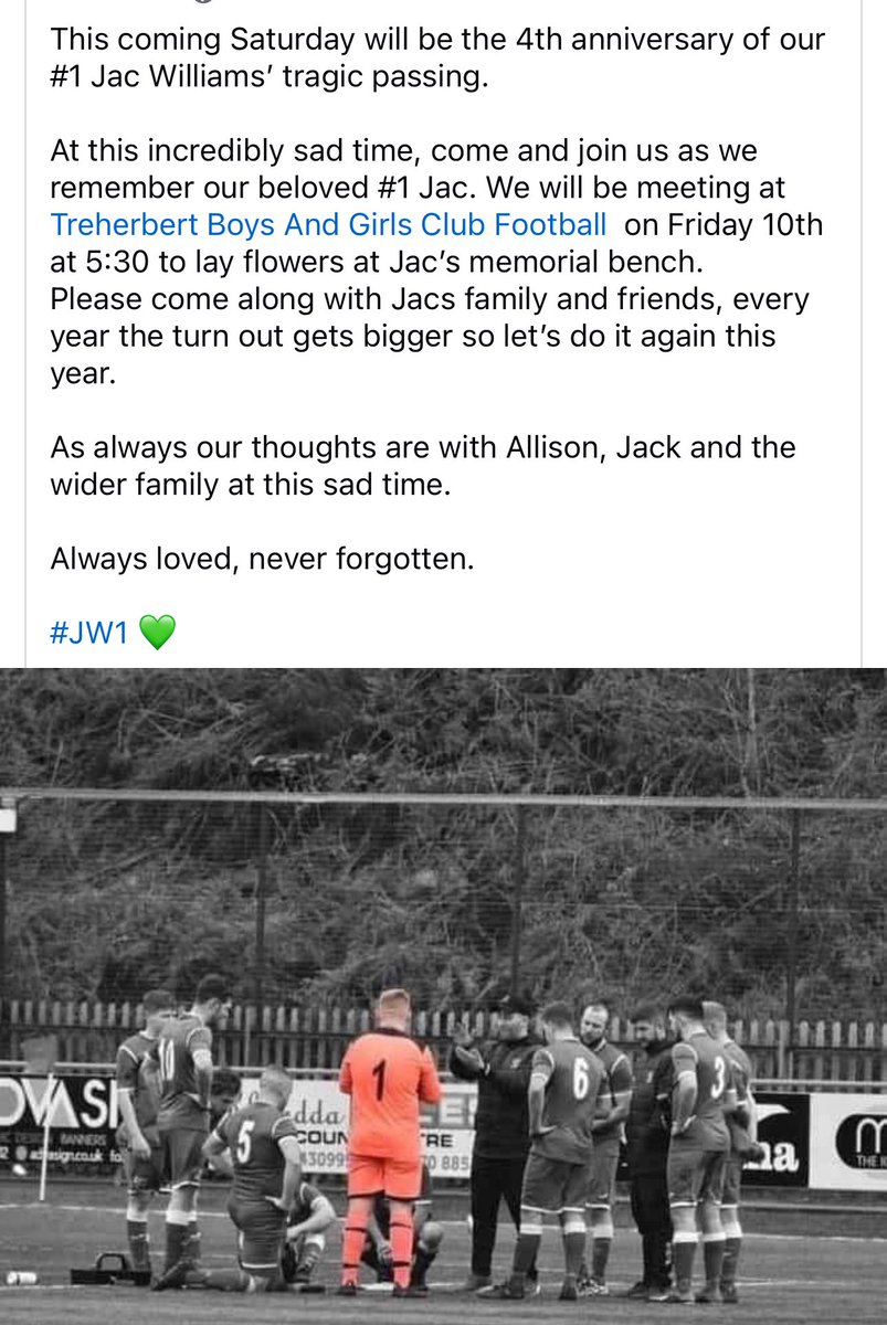 Treherbert BGC (@treherbert_snrs) on Twitter photo This Friday we will meet at Jacs memorial bench at 5.30 to lay flowers and remember him with teammates, friends and his family.
All welcome JW1π This Friday we will meet at Jacs memorial bench at 5.30 to lay flowers and remember him with teammates, friends and his family.
All welcome JW1π