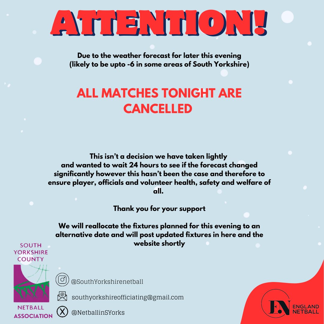 Due to the weather forecast for later this evening (likely to be upto -6 in some areas of South Yorkshire) the decision taken is that all matches tonight are cancelled