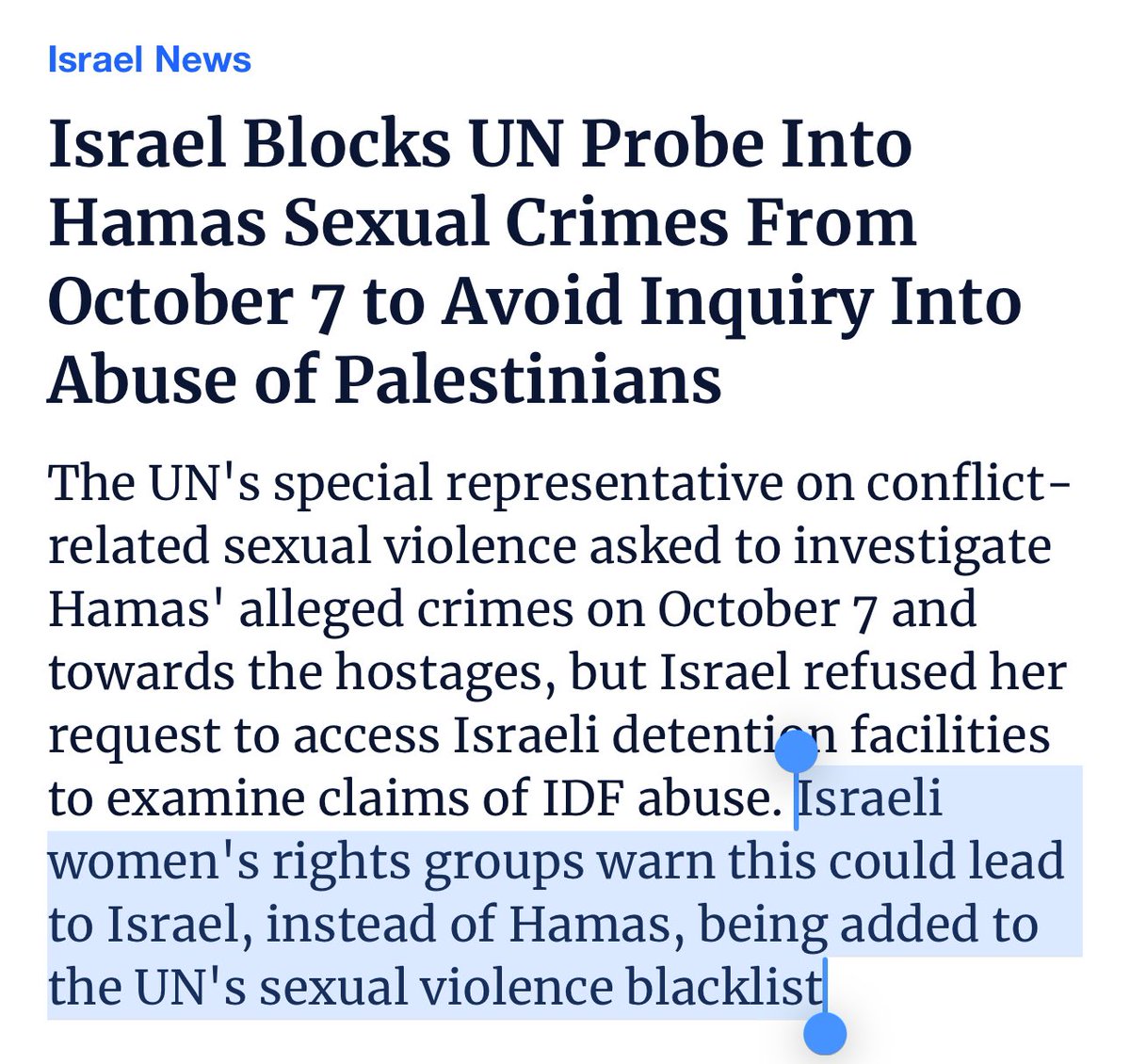 Israel: Hamas did mass rapes on October 7th!

UN: Ok, can we come investigate?

Israel: No, because then you’ll see all the rapes we’ve been doing to the Palestinians we keep hostage!

(Seriously)