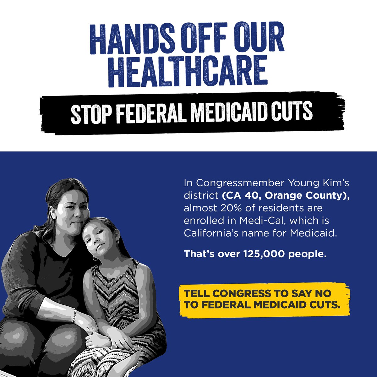 Medicaid cuts will cost lives in <a href="/RepYoungKim/">Young Kim</a>'s district as health facilities close, wait times increase, and healthcare-related travel increases. Seniors and children would be the most affected. Orange County residents deserve better. #HandsOffMedicaid #DefendMediCal