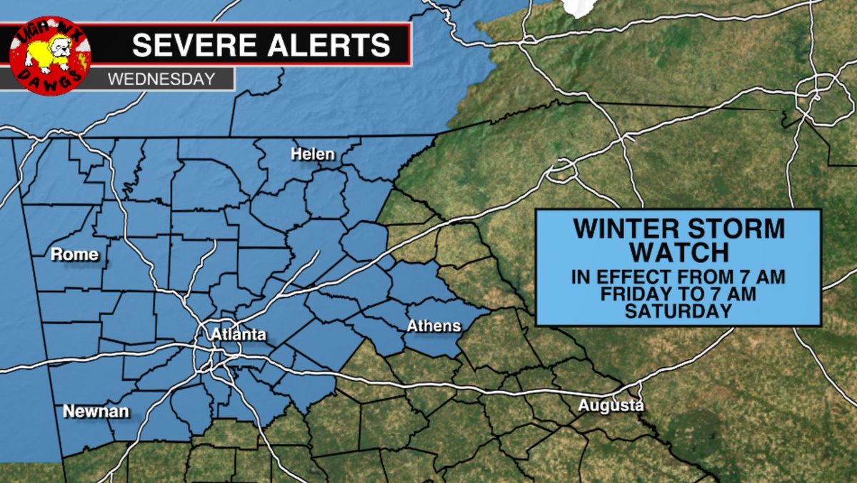 WxDawgs's tweet image. 1) As of this morning, the National Weather Service has issued a winter storm watch for most of North Georgia from 7 am Friday through 7 am Saturday. The possibility for snow in Athens remains high before 12 pm, and the transition to a wintry mix of sleet and freezing rain after