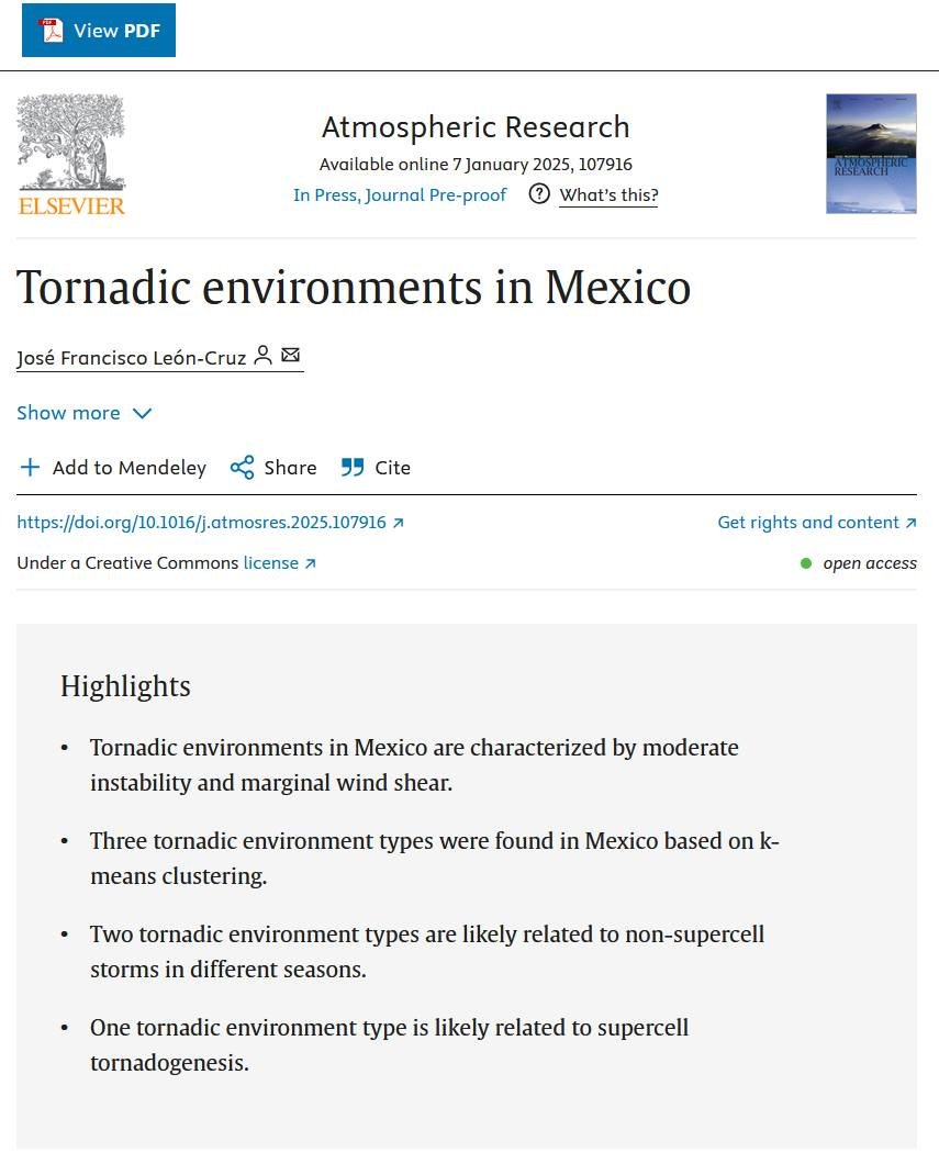 #PaperAlert 

Acaba de salir mi primer artículo en solitario que lleva por título "Tornadic Environments in Mexico" y fue publicado en la revista de Atmospheric Research. 

Lo pueden consultar de forma gratuita (es Open Access) en el siguiente enlace: dx.doi.org/10.1016/j.atmo…