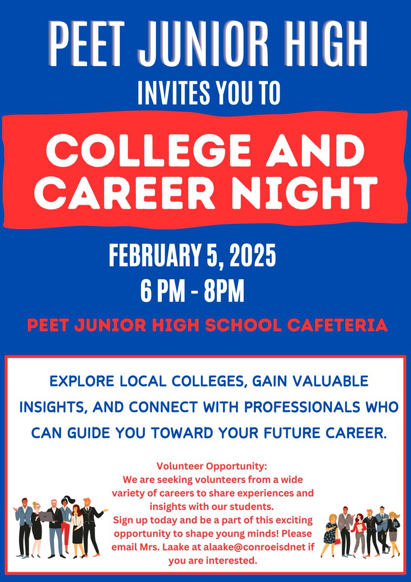 We are looking for volunteers that are passionate about their careers to come share their knowledge with students at the Peet JH Career Fair on Feb 5th!  If you can donate 2 hours of your time to share and educate about career opportunities, please email alaake@conroeisd.net.