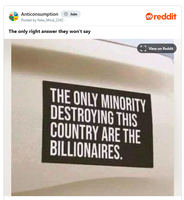 dailyintel1's tweet photo. r/Anticonsumption

They keep sending $ billions to slaughter families in Gaza &amp; privatizing Medicare despite what we truly need--affordable homes &amp; healthcare &amp; good public education. 

All we can do is #disrupt. Stop spending. We can make do/repurpose instead of buying new. https://t.co/T9Y46wISzx