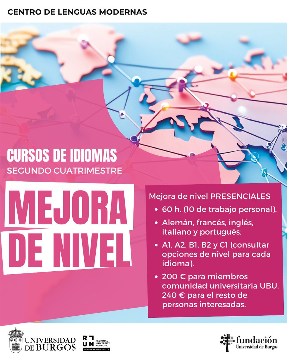 #Cursos_UBU | CURSOS DE MEJORA DE NIVEL 📈

• Presenciales (60h)
• Alemán, francés, inglés, italiano y portugués
• Distintos niveles

Matriculación hasta el 2 de marzo👇
► ubu.es/te-interesa/cu…
