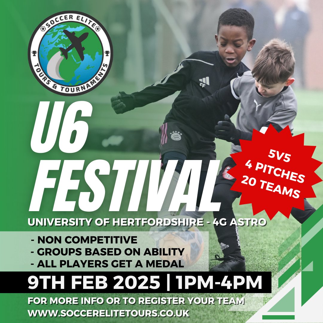 🏆 U6 Festival 🏆

Join us this February for our U6 Festival! ⚽️ 

📅 9th Feb 25
🕑 1PM-4PM
📍 Hatfield
⚽️ 5v5
👥 20 teams
🥇 Medal for all players

To register your team, please go to our website soccerelitetours.co.uk