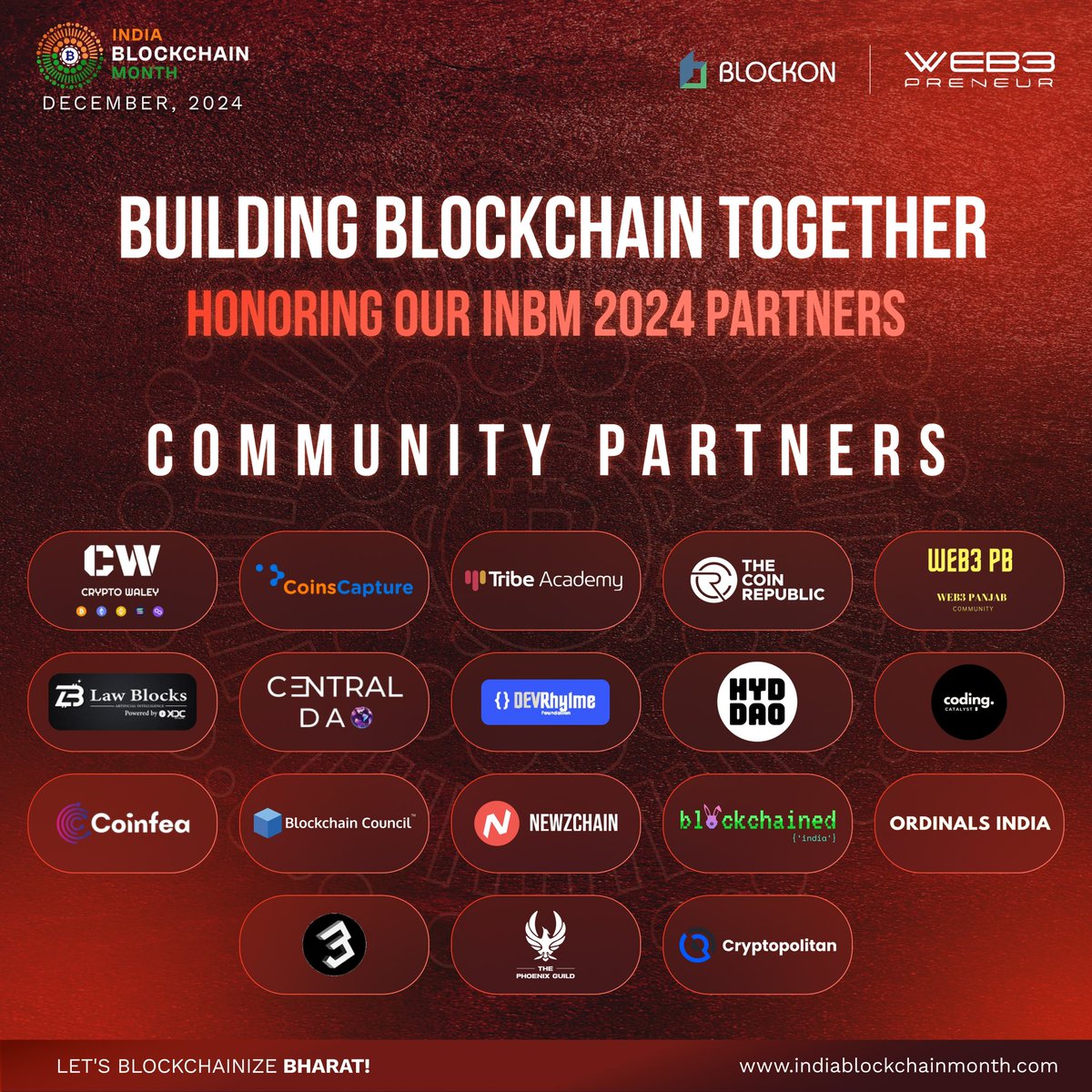 India Blockchain Month (@inbmofficial) on Twitter photo 20 events. 10+ cities. 1 vision: Let’s Blockchainize Bharat!
A massive THANK YOU to our incredible Media Partners and Community Partners for making #INBM2024 a grand success! 🙌
✅Media Partners
<a href="/DroomDroom/">DroomDroom</a>, <a href="/The_NewsCrypto/">TheNewsCrypto</a> , <a href="/zexprwire/">ZEXPRWIRE ®</a>, <a href="/icoholder/">icoholder.com</a>, <a href="/CoinGapeMedia/">Crypto News (CoinGape)</a>, 20 events. 10+ cities. 1 vision: Let’s Blockchainize Bharat!
A massive THANK YOU to our incredible Media Partners and Community Partners for making #INBM2024 a grand success! 🙌
✅Media Partners
<a href="/DroomDroom/">DroomDroom</a>, <a href="/The_NewsCrypto/">TheNewsCrypto</a> , <a href="/zexprwire/">ZEXPRWIRE ®</a>, <a href="/icoholder/">icoholder.com</a>, <a href="/CoinGapeMedia/">Crypto News (CoinGape)</a>,