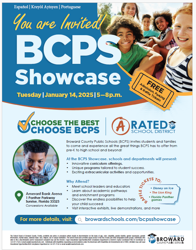 BCPS is excited to invite families to attend the BCPS Showcase on Tuesday, January 14, from 5 to 8 p.m. at the Amerant Bank Arena, located at 1 Panther Parkway in Sunrise. This FREE event is open to all families. browardschools.com/bcpsshowcase