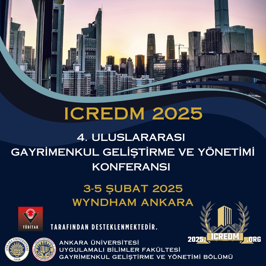4.Uluslararası Gayrimenkul Geliştirme ve Yönetimi Konferansı’na kayıtlar devam ediyor!
Kayıtlar için: 2025.icredm.org/tr/kayit/
<a href="/ysm006/">Prof.Dr. Yeşim Aliefendioğlu</a> <a href="/AnkaraUni/">Ankara Üniversitesi</a> <a href="/necdetunuvar/">Necdet Ünüvar</a>