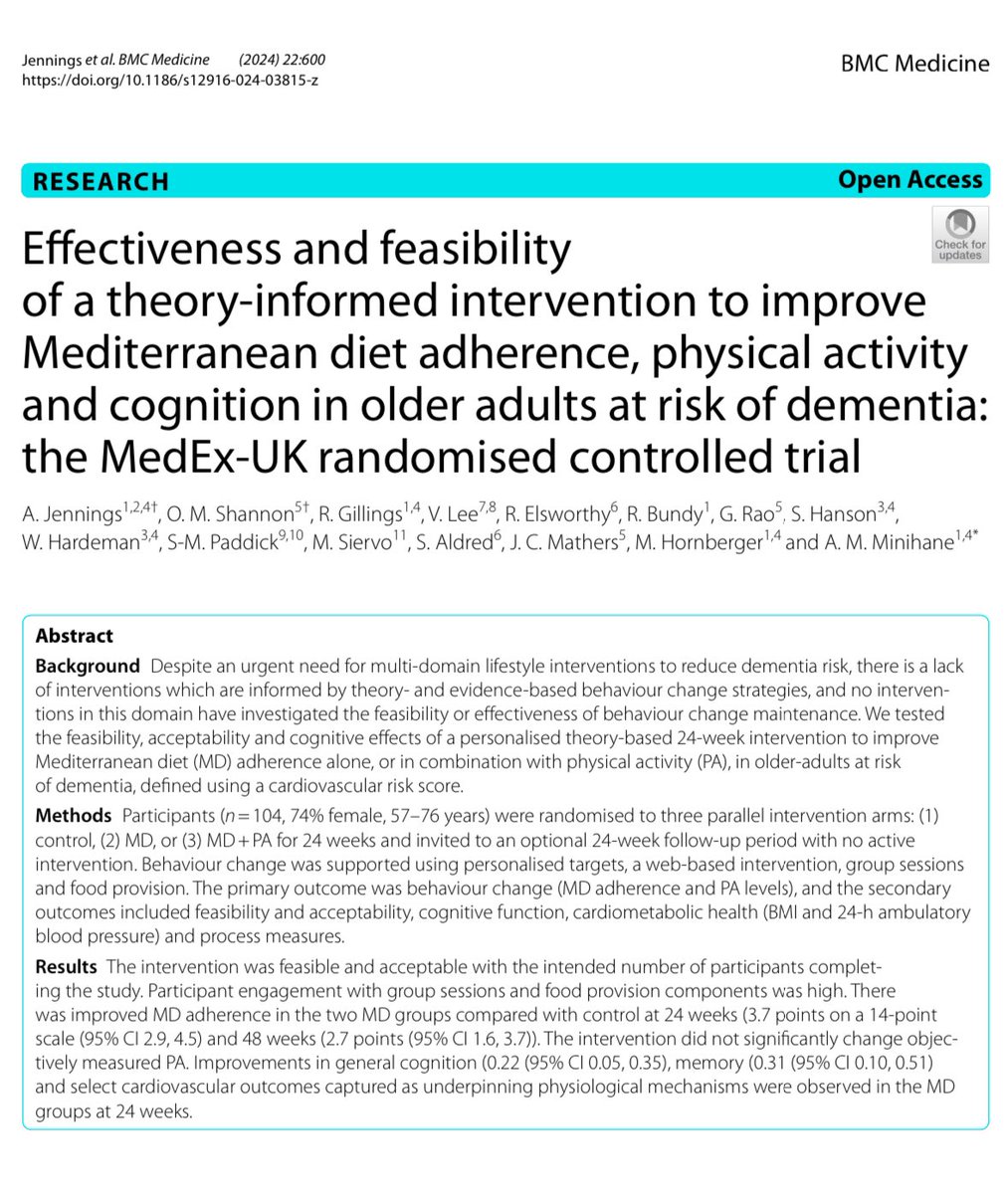 Oliver Shannon (@oli_shannon) on Twitter photo Delighted to share the main findings from MedEx-UK - our Mediterranean diet and physical activity dementia risk reduction intervention study led by <a href="/ProfAMMinihane/">Prof Anne M Minihane</a>
🔗: bmcmedicine.biomedcentral.com/articles/10.11… Delighted to share the main findings from MedEx-UK - our Mediterranean diet and physical activity dementia risk reduction intervention study led by <a href="/ProfAMMinihane/">Prof Anne M Minihane</a>
🔗: bmcmedicine.biomedcentral.com/articles/10.11…