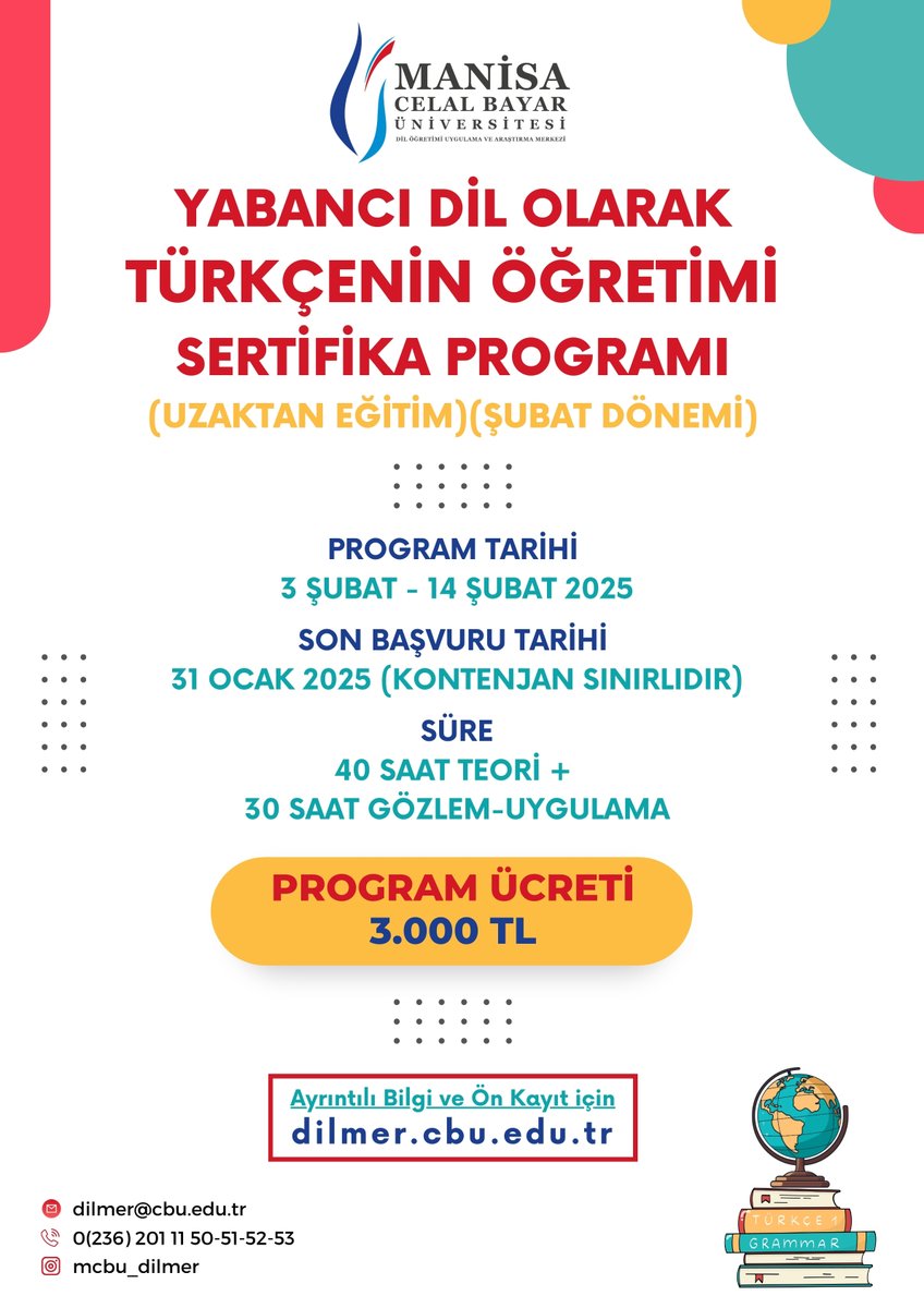 Yabancı Dil Olarak Türkçenin Öğretimi Sertifika Programı

Bilgi ve Ön Kayıt: dilmer.cbu.edu.tr

#MCBÜDILMER #ManisaCelalBayarÜniversitesi #MCBÜ