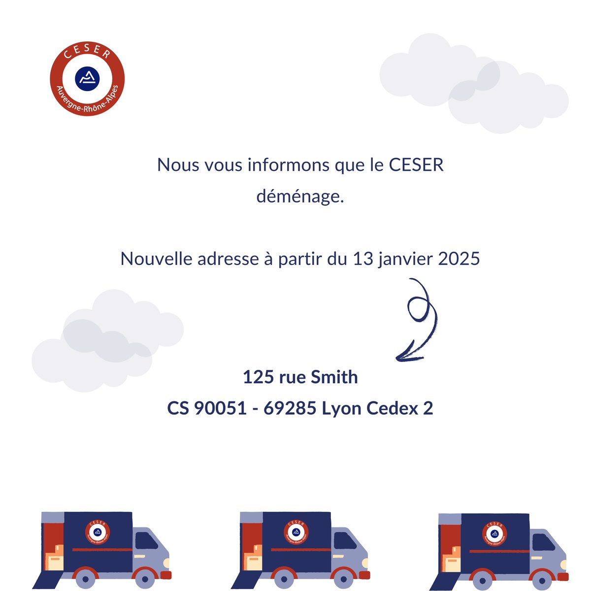 🎉 Le CESER Auvergne-Rhône-Alpes déménage ! 🏠

Nous sommes heureux de vous annoncer que, dès le 13 janvier 2025, notre équipe vous accueillera à une nouvelle adresse :

📍 125 rue Smith
📬 CS 90051 - 69285 Lyon Cedex 2

À très bientôt dans nos nouveaux locaux !