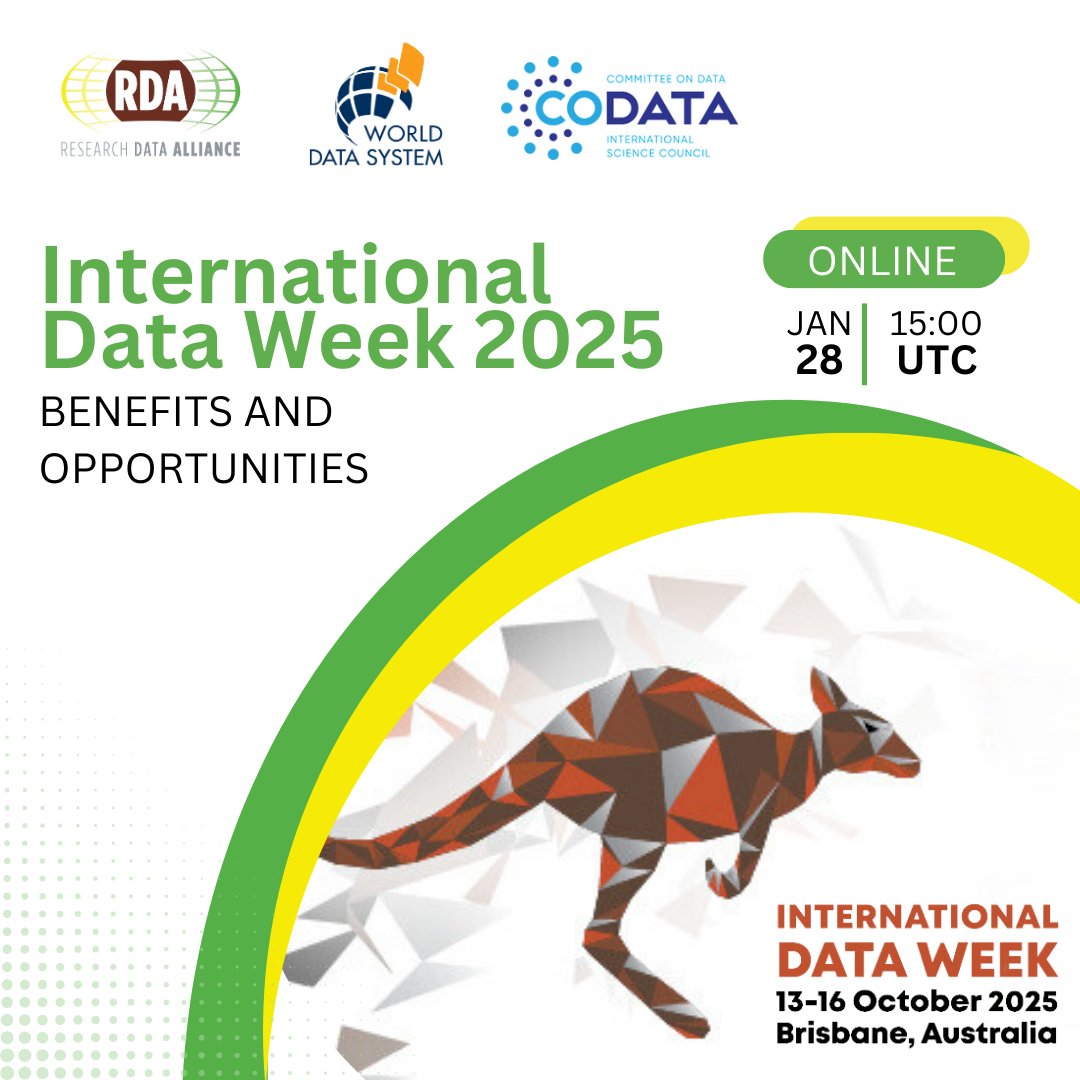 📆Planning for 2025? 

Join our informational webinar to learn why you should mark you calendars for International Data Week 2025 (13th-16th October) in Brisbane, Australia.

Register: ow.ly/3NWI50UATn5

<a href="/ISC_WDS/">World Data System</a> <a href="/CODATANews/">CODATA</a> <a href="/IntDataWeek/">IDW</a> #IDW2025
