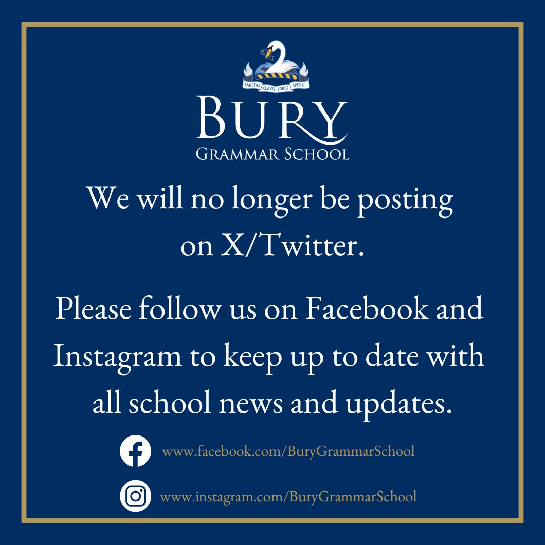 BuryGrammar's tweet image. We will no longer be posting on X/Twitter.
Please follow us on Facebook and Instagram to keep up to date with all school news and updates.
#BuryGrammarSchool