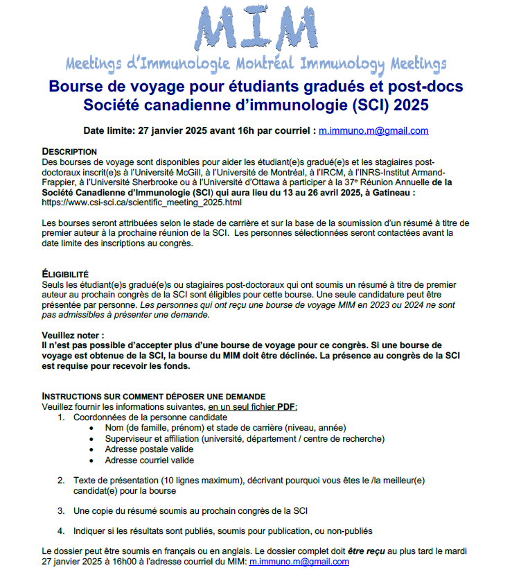 Meetings d'Immunologie Montréal (@mim_immuno) on Twitter photo Vous prévoyez participer au congrès de la SCI? Vous pourriez être éligible pour notre bourse de voyage! Date limite: 27 jan
Voir image pour info
💰
Planning to attend the annual <a href="/CdnImmunol/">Canadian Society for Immunology</a> meeting? You may be eligible for our travel award! Deadline: Jan 27
See image for info Vous prévoyez participer au congrès de la SCI? Vous pourriez être éligible pour notre bourse de voyage! Date limite: 27 jan
Voir image pour info
💰
Planning to attend the annual <a href="/CdnImmunol/">Canadian Society for Immunology</a> meeting? You may be eligible for our travel award! Deadline: Jan 27
See image for info
