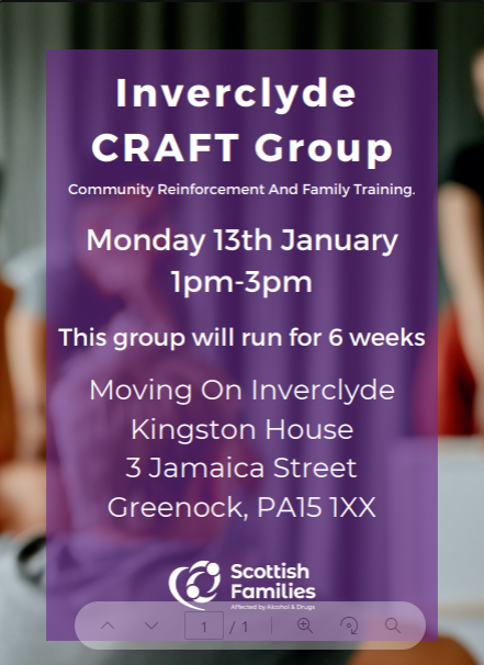Scottish Families in Inverclyde (@sfadinverclyde) on Twitter photo Starting this Monday 13th January, we will be running a series of CRAFT Sessions (Community Reinforcement And Family Training) in Moving On Inverclyde! 💜
Contact inverclydefss@sfad.org.uk or 01475 302816 for more info ✨ Starting this Monday 13th January, we will be running a series of CRAFT Sessions (Community Reinforcement And Family Training) in Moving On Inverclyde! 💜
Contact inverclydefss@sfad.org.uk or 01475 302816 for more info ✨
