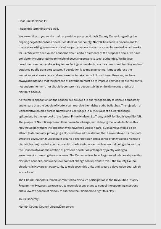 🚨 Today, we wrote to Jim McMahon MP urging the 
       government to go ahead with this year's county 
       elections.

       The people of Norfolk have rejected Conservative 
       politics and their voices must be heard.