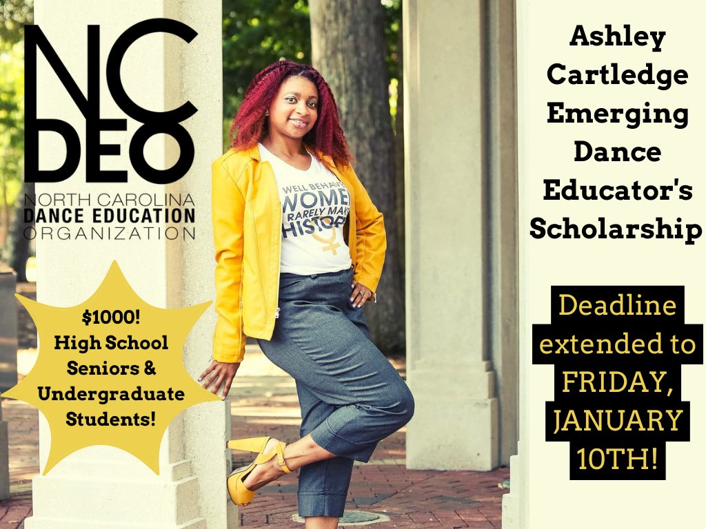 Time is running out to apply for the Ashley Cartledge Emerging Dance Educator’s Scholarship! 💨💨💨 Open to HIGH SCHOOL SENIORS &amp; UNDERGRADUATE STUDENTS studying Dance Education, this scholarship awards $1000 to support one promising future pedagog. APPLY TODAY! ⚡️