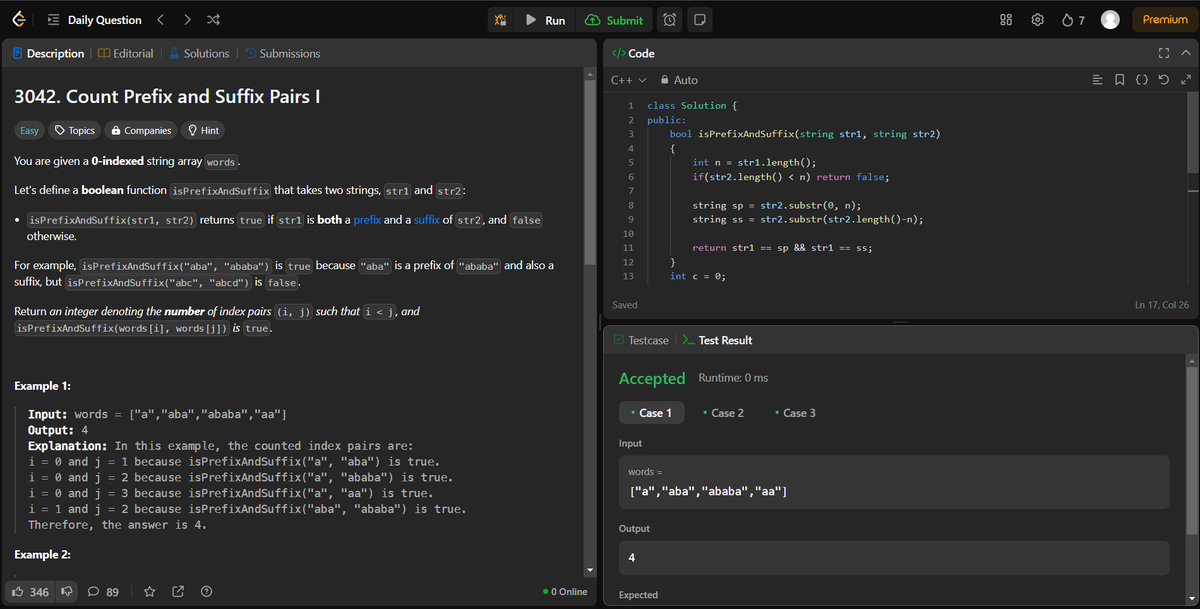 arav_mahind's tweet image. #Day28 of #30daysProductivityChallenge 
       
-- 📍Solved string &amp;amp; array related questions 
-- 💻Leetcode 
     - 3042. Count Prefix and Suffix Pairs I 
     - 1678. Goal Parser Interpretation 
     - 347. Top K Frequent Elements 

#buildinpublic #DSA #LeetCode #ProblemSolving