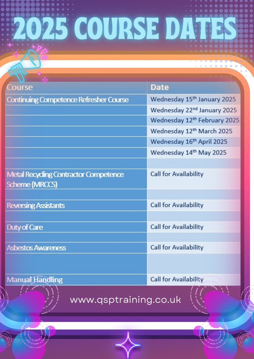 QSP 2025 Course Diary!!

Call us today to get booked on, Same Day CCC Course and Test.

We will be adding more dates so keep an eye on our socials and website!!!

0121 565 2277

#diary #wamitab
