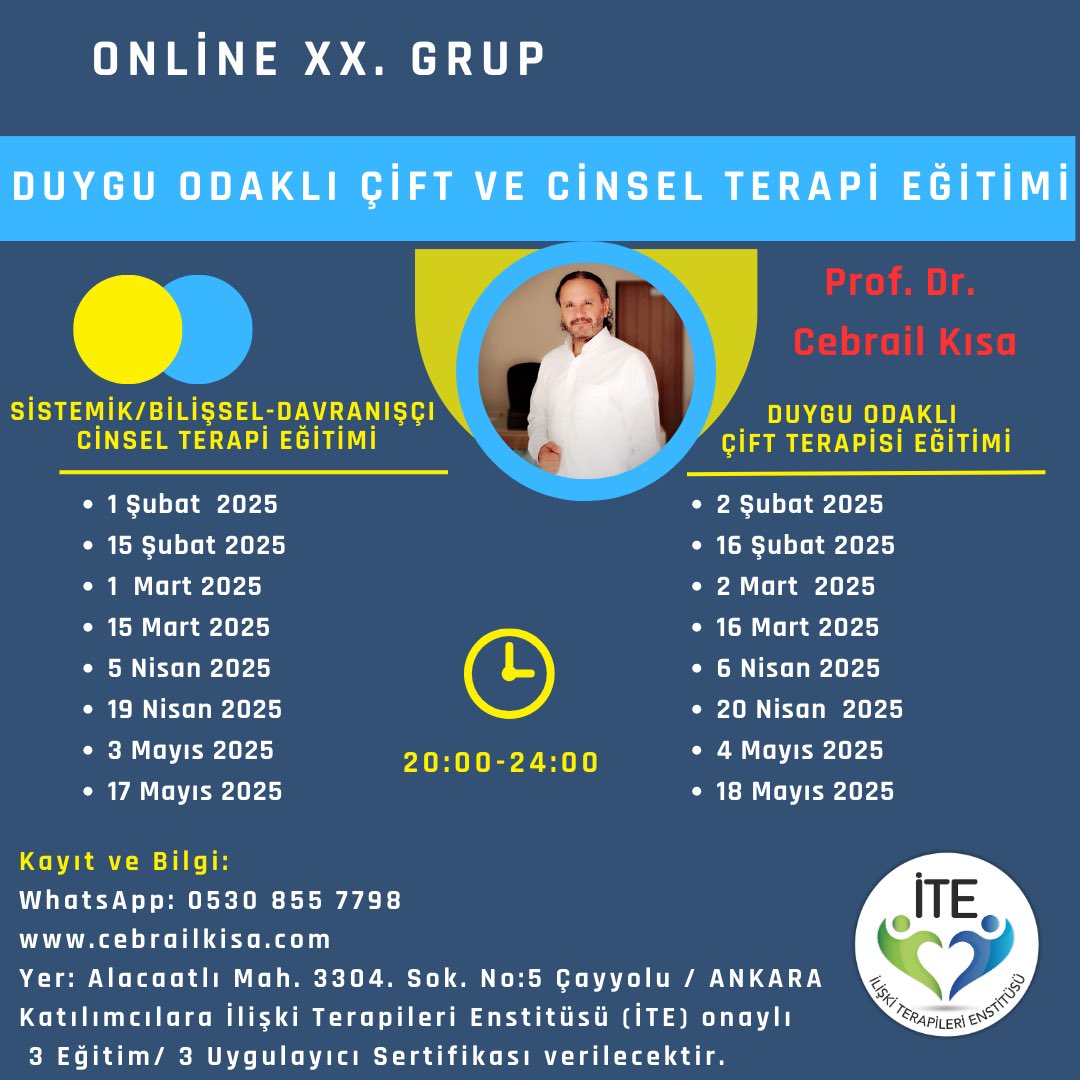 Merhaba Yeni Eğitim Grubu 
 XX. GRUP 
ONLİNE-UZAKTAN EĞİTİM “DUYGU ODAKLI ÇİFT TERAPİSİ ve CİNSEL TERAPİ EĞİTİMİ” BAŞLIYOR.
💢 8 Modül olan  “Duygu Odaklı Çift  Terapisi ve Cinsel Terapi Eğitimi”  1-2 Şubat 2025 tarihinde başlıyor.