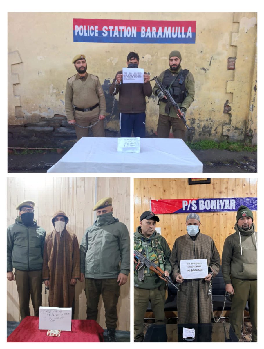 Baramulla Police (بارہمولہ پولیس) (@baramullapolice) on Twitter photo Police arrested 3 drug peddlers in Baramulla; Psychotropic & contraband substances recovered.
<a href="/JmuKmrPolice/">J&K Police</a>
<a href="/KashmirPolice/">Kashmir Zone Police</a>
<a href="/DIGBaramulla/">DIG of Police NKR Baramulla</a>
<a href="/DCBaramulla/">Deputy Commissioner Baramulla</a>
<a href="/Gurinderpal_IPS/">Gurinderpal Singh, IPS</a> Police arrested 3 drug peddlers in Baramulla; Psychotropic & contraband substances recovered.
<a href="/JmuKmrPolice/">J&K Police</a>
<a href="/KashmirPolice/">Kashmir Zone Police</a>
<a href="/DIGBaramulla/">DIG of Police NKR Baramulla</a>
<a href="/DCBaramulla/">Deputy Commissioner Baramulla</a>
<a href="/Gurinderpal_IPS/">Gurinderpal Singh, IPS</a>