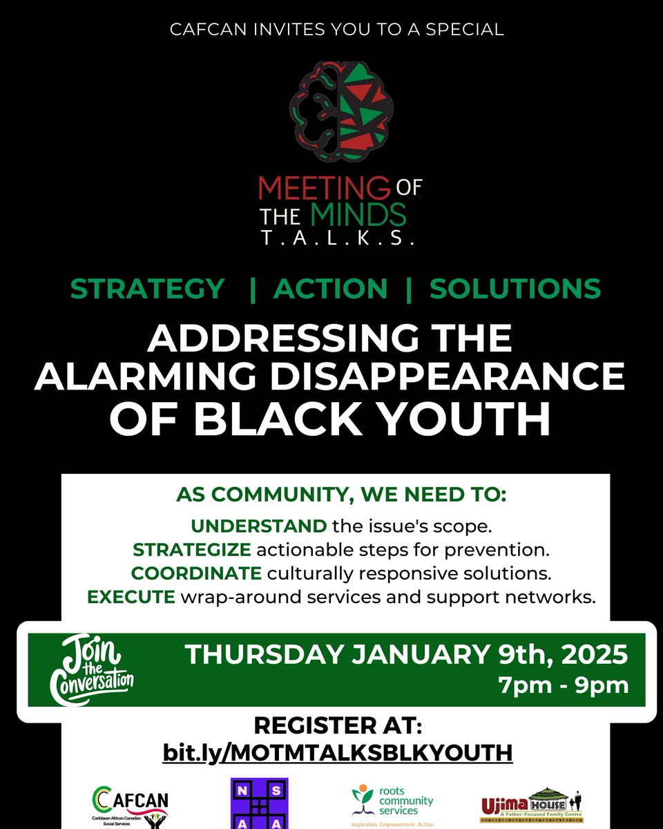 📢 Join the conversation - Meeting of the Minds T.A.L.K.S invites you to a special virtual meeting to address the alarming disappearance of Black youth.

🗓 Jan. 9th, 2025
⏳️ 7pm

💻Register at:
bit.ly/MOTMTALKSBLKYO…

Space is limited

#CAFCAN #Strategy #Action #Solutions