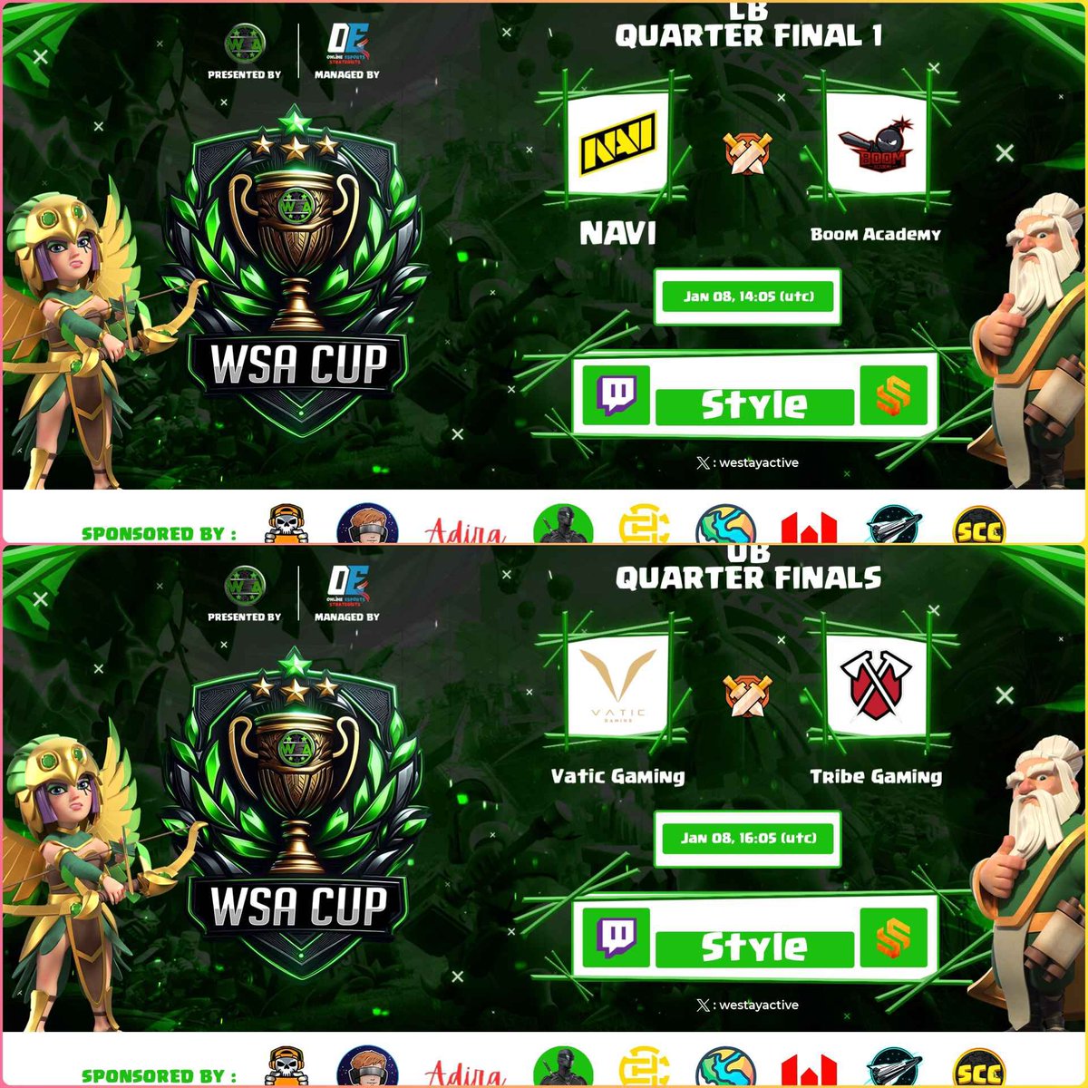 🟣 LIVEEEEEEEE!

Doble Guerraza! Entre medio tenemos 1 horita, vemos qué hacemos! 💪

🏆 WSA Cup

✅ NAVI 🆚 Boom Academy
✅ Tribe Gaming 🆚 Vatic Gaming

TODO el MUNDO para DENTRO! ❤

📺 twitch.tv/style_coc