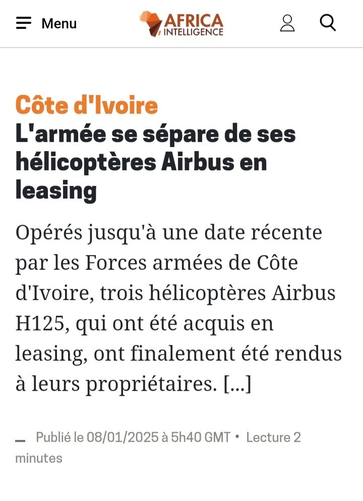 HANN 🇨🇮
Côte d'Ivoire: L'armée rend ses hélicoptères Airbus H125 qu'elle louait à la France...

Africa intelligence
