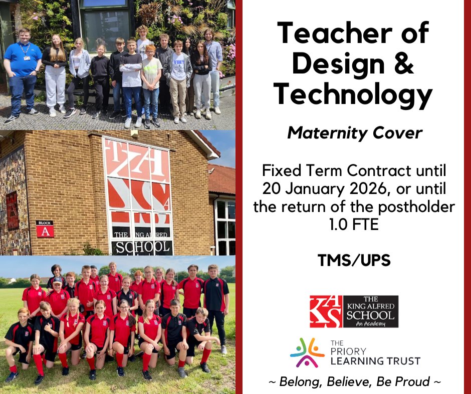 - Teacher of D&amp;T -
<a href="/_TPLT_/">The Priory Learning Trust</a> <a href="/_TKASA/">The King Alfred School an Academy</a>

If you are a driven, enthusiastic Teacher capable of contributing to a highly effective and supportive team, we would love to hear from you ✨

For more information, please visit the link below;
bit.ly/3XOg0bl

#Teach #Secondary #DT