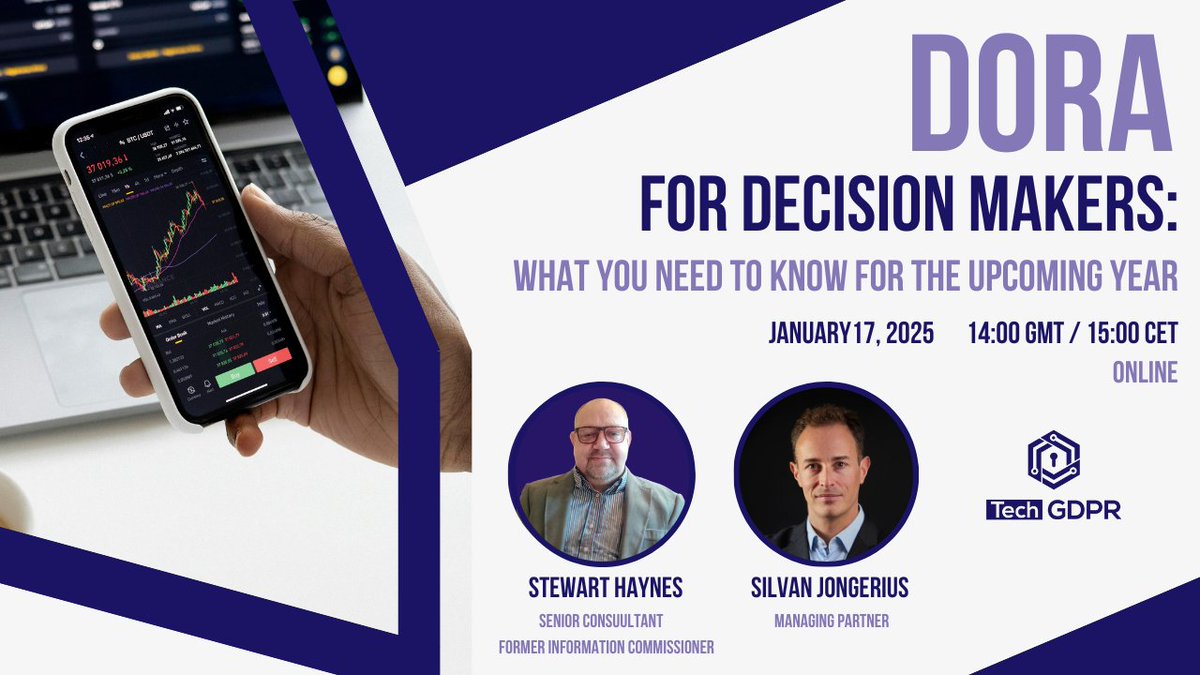 TechGDPR's tweet image. 🚨 Webinar Today! 🚨

Join TechGDPR’s webinar: &quot;DORA for Decision Makers&quot; with:
✅ Stewart Haynes – Former Information Commissioner
✅ Silvan Jongerius – TechGDPR Managing Partner

📢 Register now: linkedin.com/events/webinar…

#Compliance #TechGDPR #Webinar #DORA