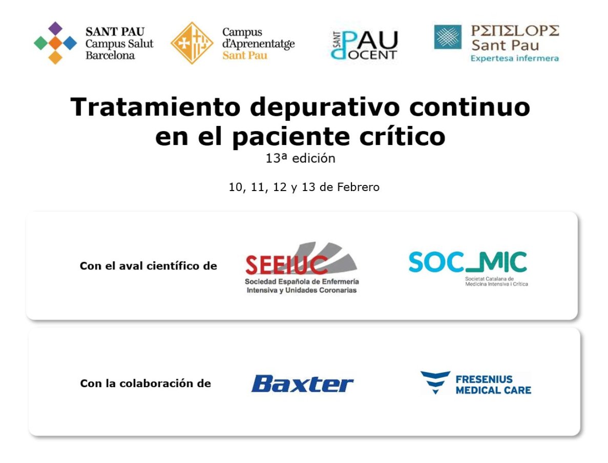 📢Ampliem el termini d'inscripcions! 
Apunta't al curs "TRACTAMENT DEPURATIU CONTINU AL PACIENT CRÍTIC" 
 🗓 Fins al 20 de gener 
💻Inscriu-te aquí: tuit.cat/2L2M2 
📍<a href="/HospitalSantPau/">Sant Pau - Campus Salut Barcelona</a> <a href="/PenelopeSantPau/">PenelopeSantPau</a>      <a href="/InfermeriaSPau/">Direcció Infermera Hospital de Sant Pau</a>
🔬 Aval científic: <a href="/SOCMIC/">SOCMIC</a>  <a href="/seeiucoficial/">SEEIUC</a>
