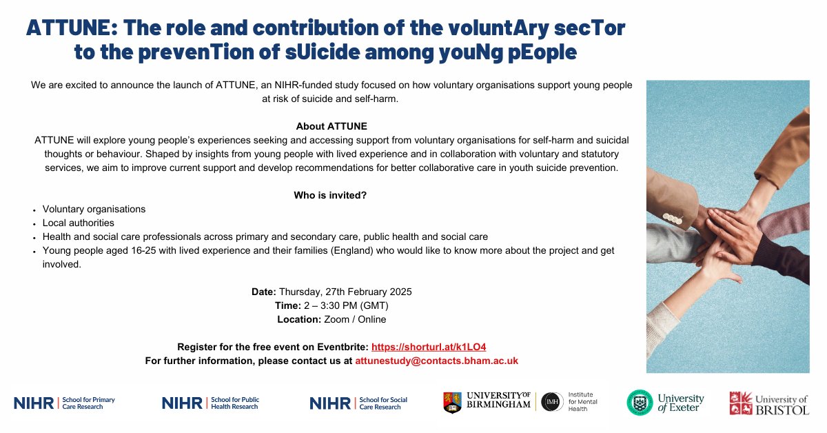 Dr Maria Michail ๐ (@mariamichail2) on Twitter photo Excited to announce the launch of NIHR study ATTUNE investigating how voluntary organisations support young people at risk of suicide and self-harm.
Register her shorturl.at/k1LO4
<a href="/NSPA/">National Scholastic Press Association</a> <a href="/IASPinfo/">International Association for Suicide Prevention</a> <a href="/IMH_UoB/">The Institute for Mental Health (IMH)</a> <a href="/LES_UniBham/">College of Life and Environmental Sciences</a> <a href="/NCampbellPsych/">Niyah Campbell</a> <a href="/poojaliverpool/">Professor Pooja Saini (She/Her)</a> <a href="/emma_ash/">Dr Emma Ashworth (she/her)</a> <a href="/VGoodyear/">Vicky Goodyear</a> Excited to announce the launch of NIHR study ATTUNE investigating how voluntary organisations support young people at risk of suicide and self-harm.
Register her shorturl.at/k1LO4
<a href="/NSPA/">National Scholastic Press Association</a> <a href="/IASPinfo/">International Association for Suicide Prevention</a> <a href="/IMH_UoB/">The Institute for Mental Health (IMH)</a> <a href="/LES_UniBham/">College of Life and Environmental Sciences</a> <a href="/NCampbellPsych/">Niyah Campbell</a> <a href="/poojaliverpool/">Professor Pooja Saini (She/Her)</a> <a href="/emma_ash/">Dr Emma Ashworth (she/her)</a> <a href="/VGoodyear/">Vicky Goodyear</a>