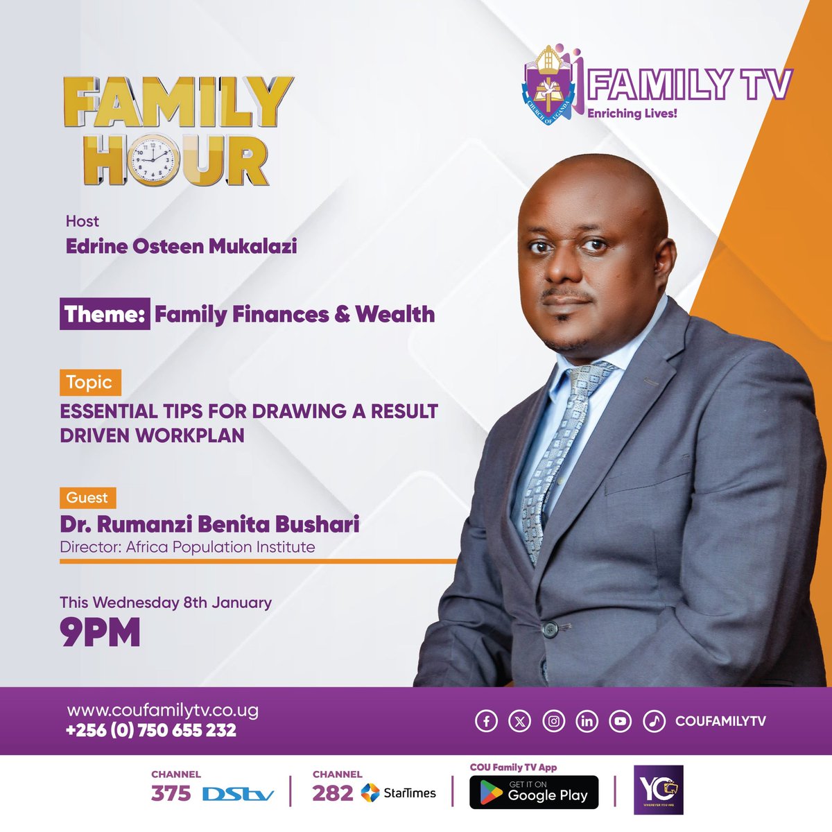 COU Family TV (@coufamilytv) on Twitter photo Catch #FamilyHour tonight at 9PM as <a href="/EdrineMukalazi/">Edrine Osteen Mukalazi</a> and Benita dive into practical tips for crafting a work plan that delivers results.
From setting goals to tracking progress, this is your guide to better productivity.
#EnrichingLives #finance #financialliteracy Catch #FamilyHour tonight at 9PM as <a href="/EdrineMukalazi/">Edrine Osteen Mukalazi</a> and Benita dive into practical tips for crafting a work plan that delivers results.
From setting goals to tracking progress, this is your guide to better productivity.
#EnrichingLives #finance #financialliteracy