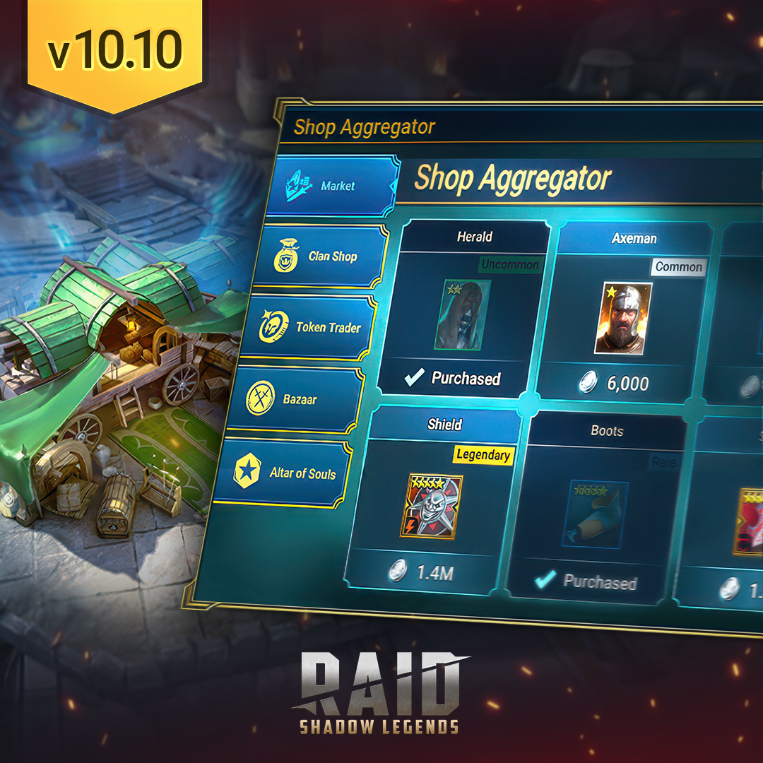 RaidRPG's tweet image. New Update: Version 10.10.0
Update 10.10.0 is here! Check out the new Market rework, as well as various rebalances, improvements and fixes. Read more on our official forum: plrm.info/3DLYtu6
#ReleaseNotes #NewUpdate #RaidShadowLegends