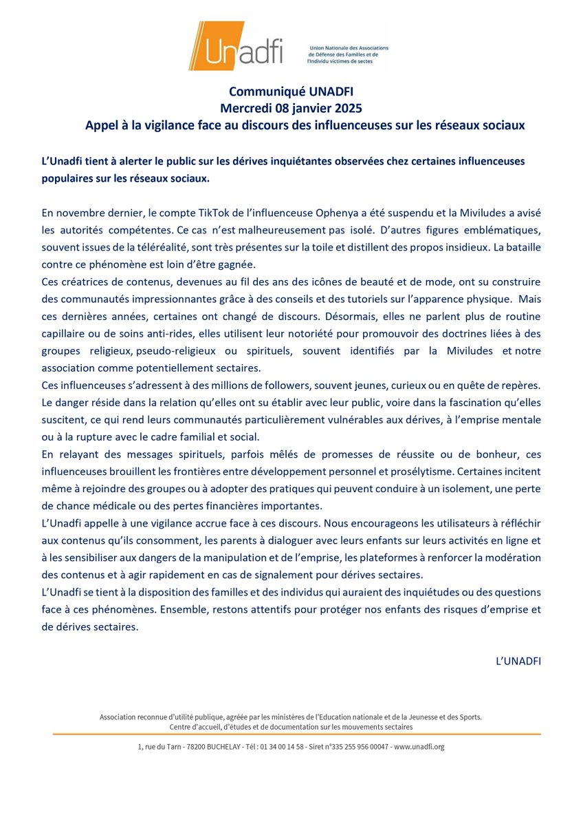 Communiqué UNADFI 
Mercredi 08 janvier 2025
Appel à la vigilance face au discours des influenceuses sur les réseaux sociaux
