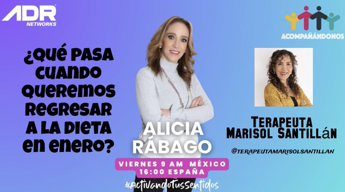 Alicia Rábago (@aliciarabago) on Twitter photo ¿Qué pasa cuando queremos regresar a la dieta en enero? Buen momento para preguntar y escuchar a la especialista <a href="/terapeumarisol/">Terapeuta Marisol</a> Santillán en #Acompañándonos en <a href="/adrnetworksmx/">ADR Networks</a> ¿Qué pasa cuando queremos regresar a la dieta en enero? Buen momento para preguntar y escuchar a la especialista <a href="/terapeumarisol/">Terapeuta Marisol</a> Santillán en #Acompañándonos en <a href="/adrnetworksmx/">ADR Networks</a>