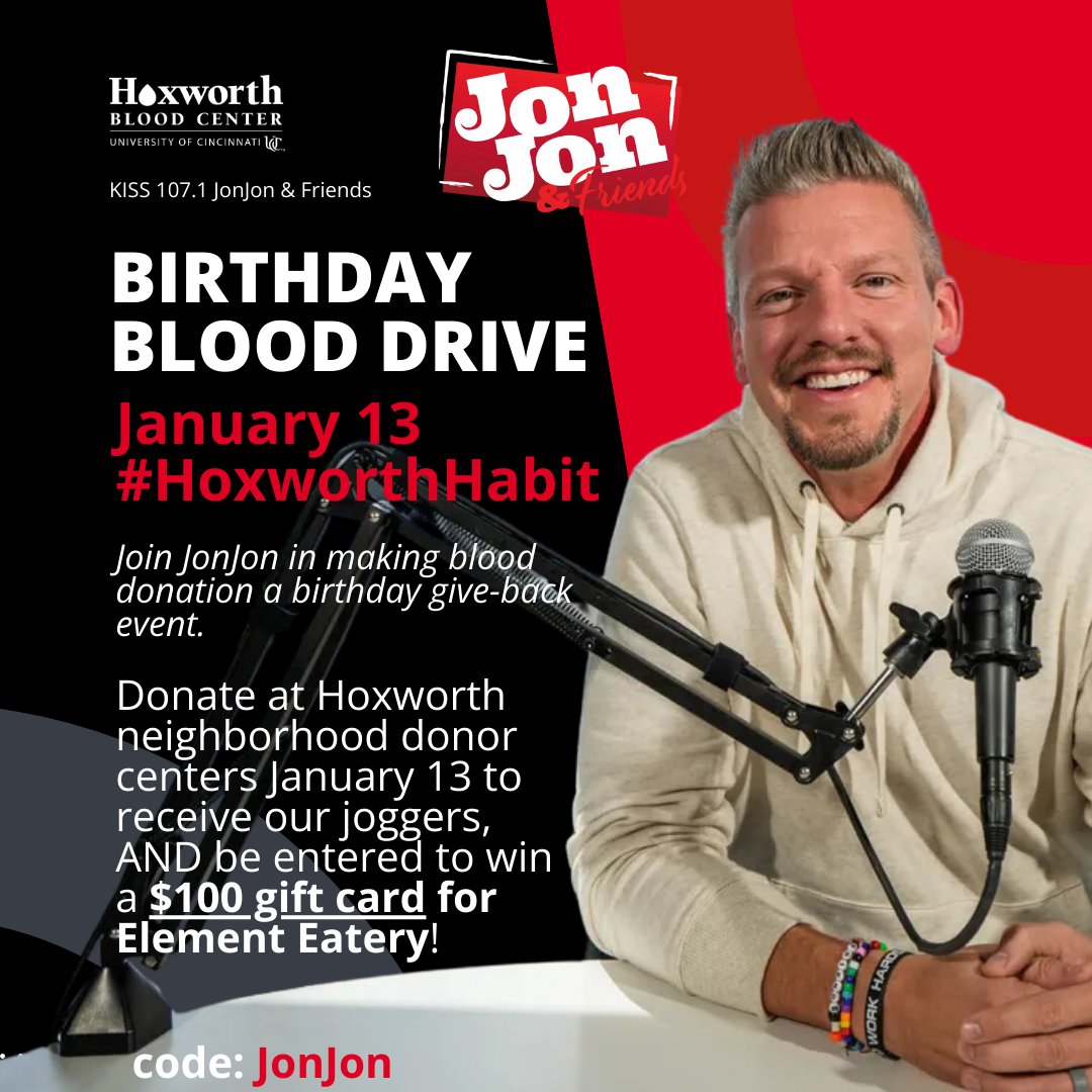 HoxworthUC's tweet image. Join us in celebrating with KISS 107.1 host JonJon at his birthday blood drive at all open Hoxworth Neighborhood Donor Centers January 13! Embrace the #HoxworthHabit and consider scheduling your next donation on YOUR birthday. hoxworth.org/donors/locatio… @KISS107 @jonjononair