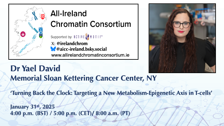 All-Ireland Chromatin Consortium (@irelandchrom) on Twitter photo Our first webinar of 2025 is coming up in a few weeks on Jan 31st! Mark your calendars!
<a href="/Yael_David__/">Yael David</a> will join us for her webinar on 'Turning back the clock: Targeting a new metabolism-epigenetic axis in T-cells.
Register here: us06web.zoom.us/webinar/regist… Our first webinar of 2025 is coming up in a few weeks on Jan 31st! Mark your calendars!
<a href="/Yael_David__/">Yael David</a> will join us for her webinar on 'Turning back the clock: Targeting a new metabolism-epigenetic axis in T-cells.
Register here: us06web.zoom.us/webinar/regist…