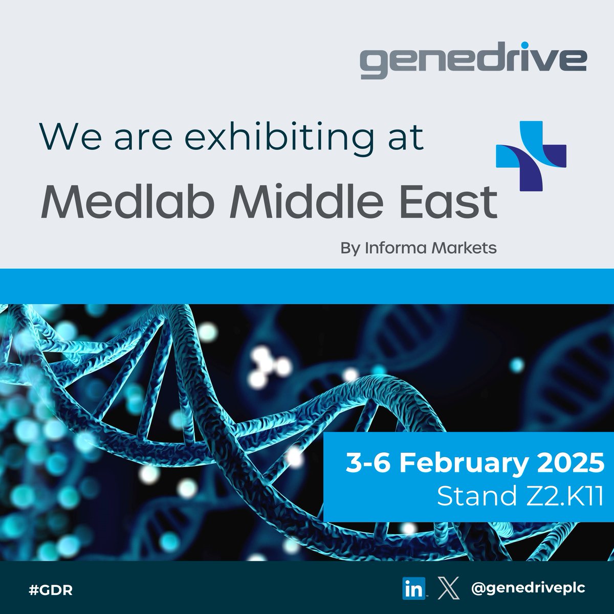 genedrive plc (@genedriveplc) on Twitter photo This February, Genedrive are exhibiting at Medlab Middle East!
Visit stand Z2.K11 to discover our innovative pharmacogenetic testing products.
Contact enquiries@genedrive.com to book a meeting.
#GDR #POCT #pointofcare #pharmacogenomics #pharmacogenetics #diagnostics #Medlab2025 This February, Genedrive are exhibiting at Medlab Middle East!
Visit stand Z2.K11 to discover our innovative pharmacogenetic testing products.
Contact enquiries@genedrive.com to book a meeting.
#GDR #POCT #pointofcare #pharmacogenomics #pharmacogenetics #diagnostics #Medlab2025