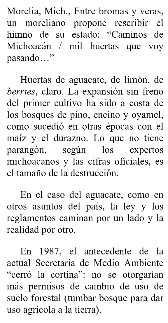 6NotasDeHoy's tweet photo. Expansión aguacatera, a costa de la destrucción de bosques-Sin cumplirse, ley contra cambio de uso de suelo forestal-Desde 1987 han surgido 150 mil hectáreas ilegales: gobierno de Michoacán  https://t.co/lMDCtWgLmK https://t.co/jaZgfV178Q