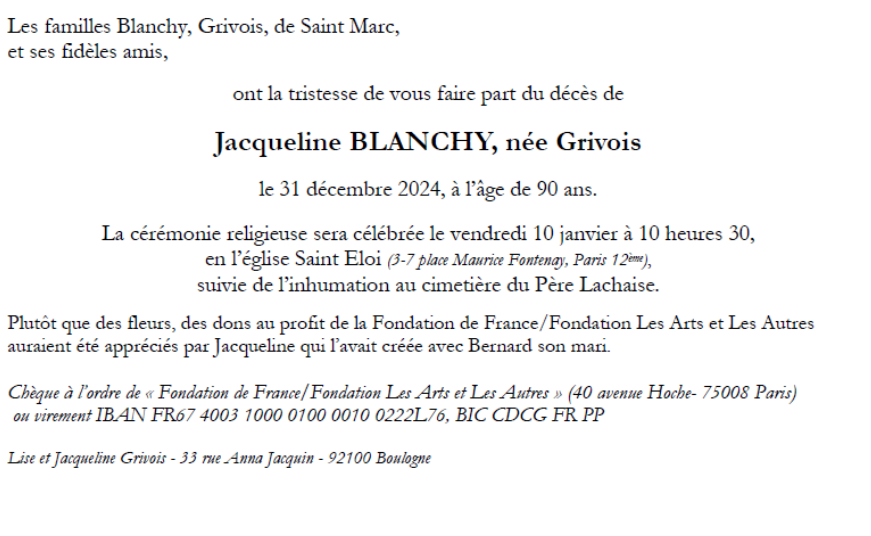 Tristesse d'apprendre le décès de J Blanchy  

ma prof d'espagnol au lycée et, surprise, je la retrouve 8 ans plus tard militante de l'asso prison <a href="/OIP_sectionfr/">Observatoire international des prisons (OIP)</a>  (elle donnait aussi des cours à fleury merogis)  

des dons plutôt que des fleurs = la vraie associative ça