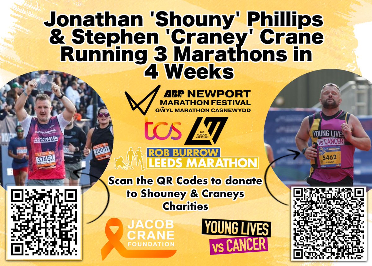 Hi all this year we are going again for these 2 wonderful charity's which mean alot to us. Please can u sponsor support share and help in any way possible please.
3 marathons in 4 weeks
2025tcslondonmarathon.enthuse.com/pf/jonathan-ph…